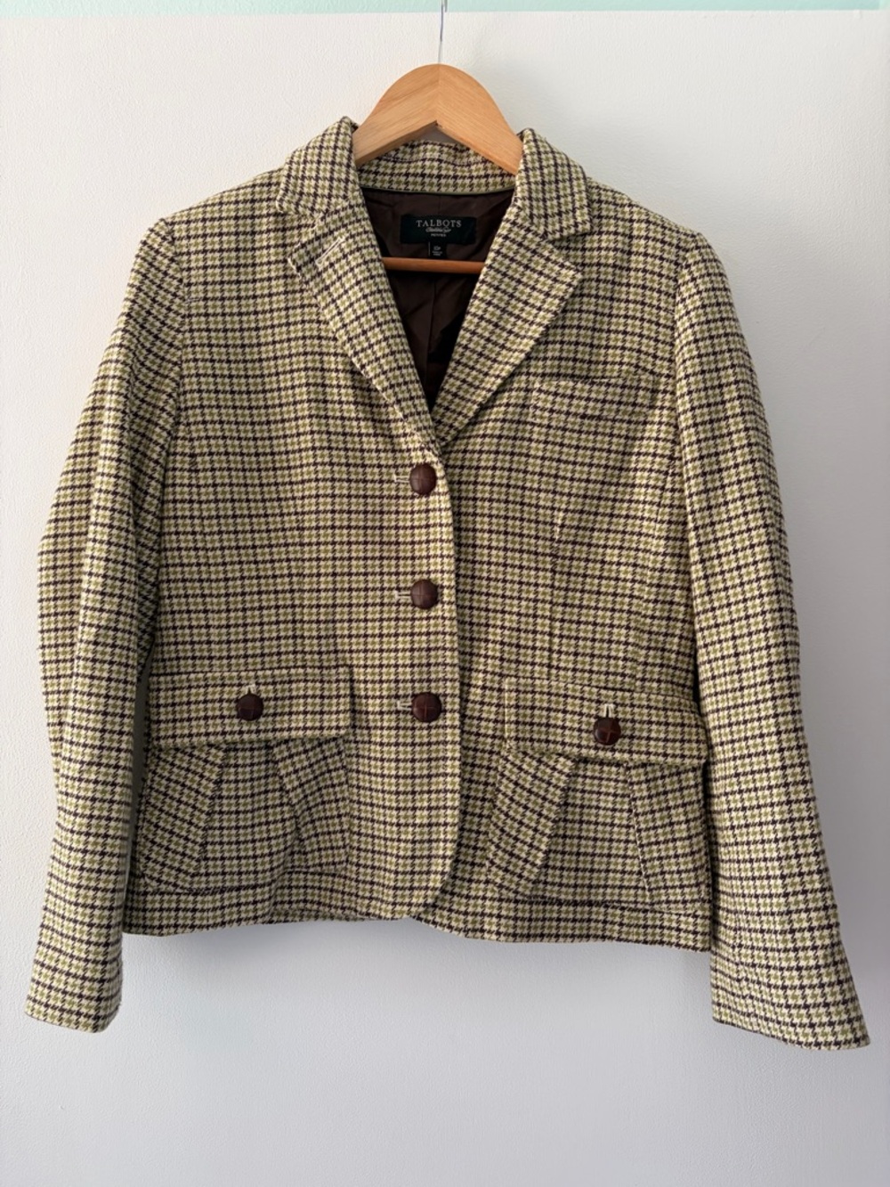 Talbots Size 10 Petite Brown + Green Houndstooth Wool-Blend Blazer Jacket